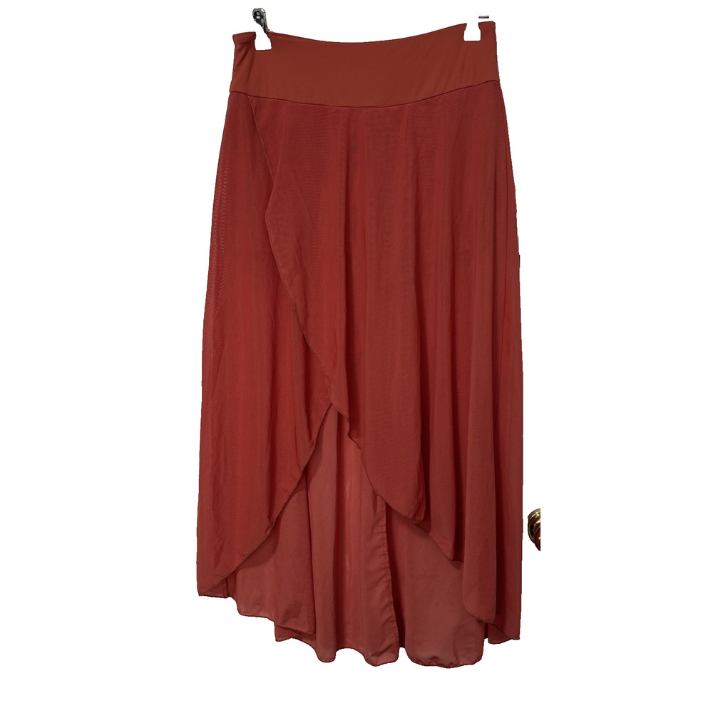 Womens M Coral Sheer Wrap Flowy Midi Skirt High Waisted Under Shorts BOHO Spring